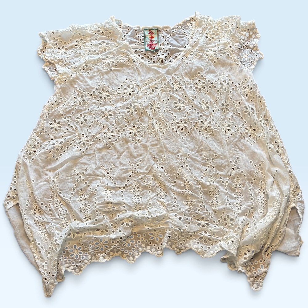 Johnny Was Top Womens Large White Eyelet Lace Tunic Blouse Cap Sleeve Boho